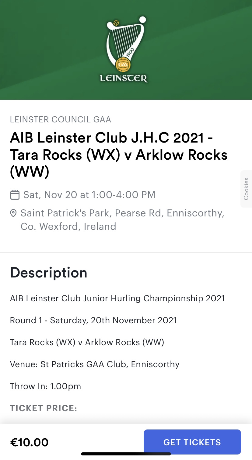 Tickets for Leinster Junior Hurling Championship ARP v Tara Rocks