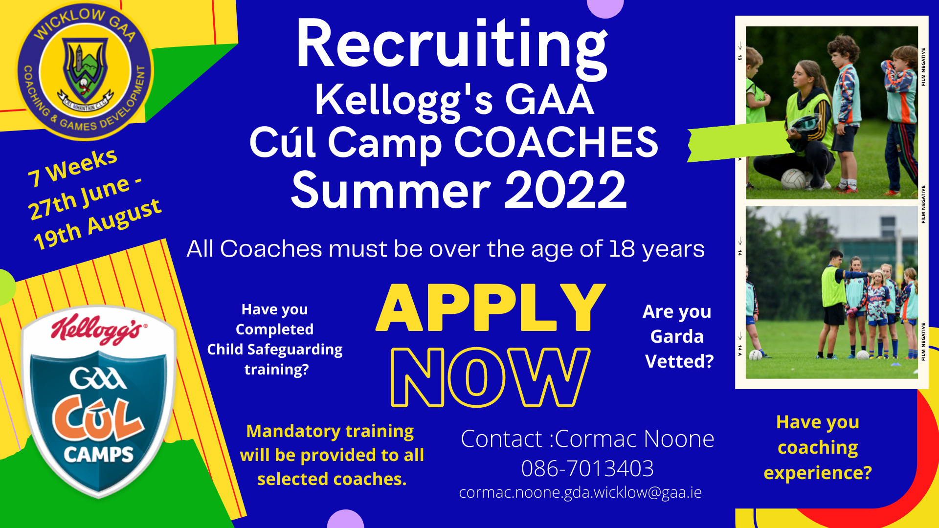 Applications are now open for coaches on Wicklow Cul Camps 2022